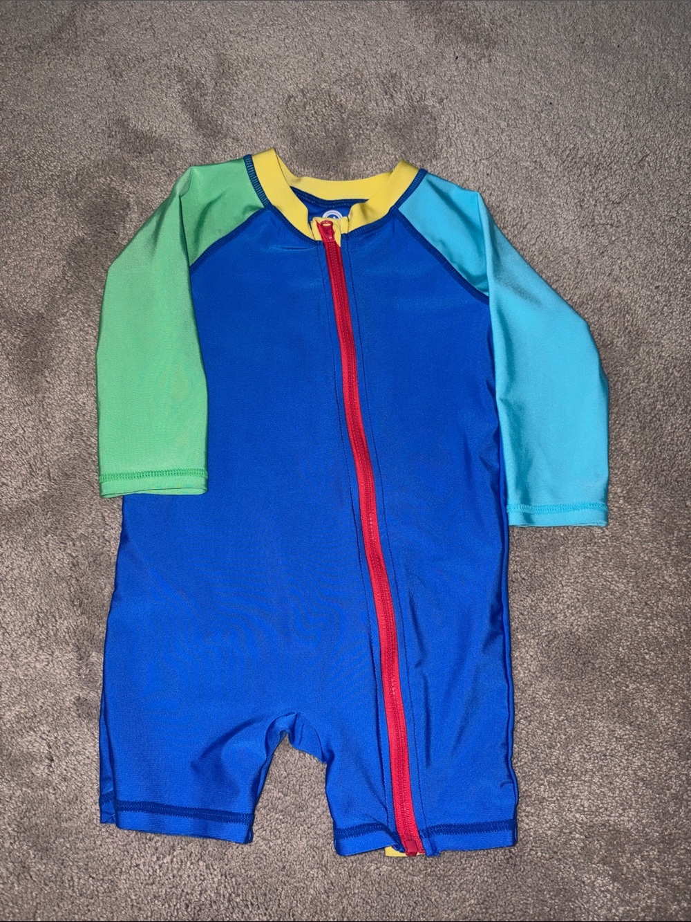 wonder nation Blue Colorblock Long Sleeve Swim Romper with Red Zip